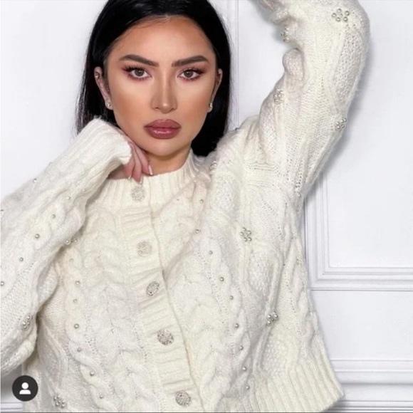 Zara Sweaters New Zara Knitwear Pearl Rhinestone Jewel Button Cable